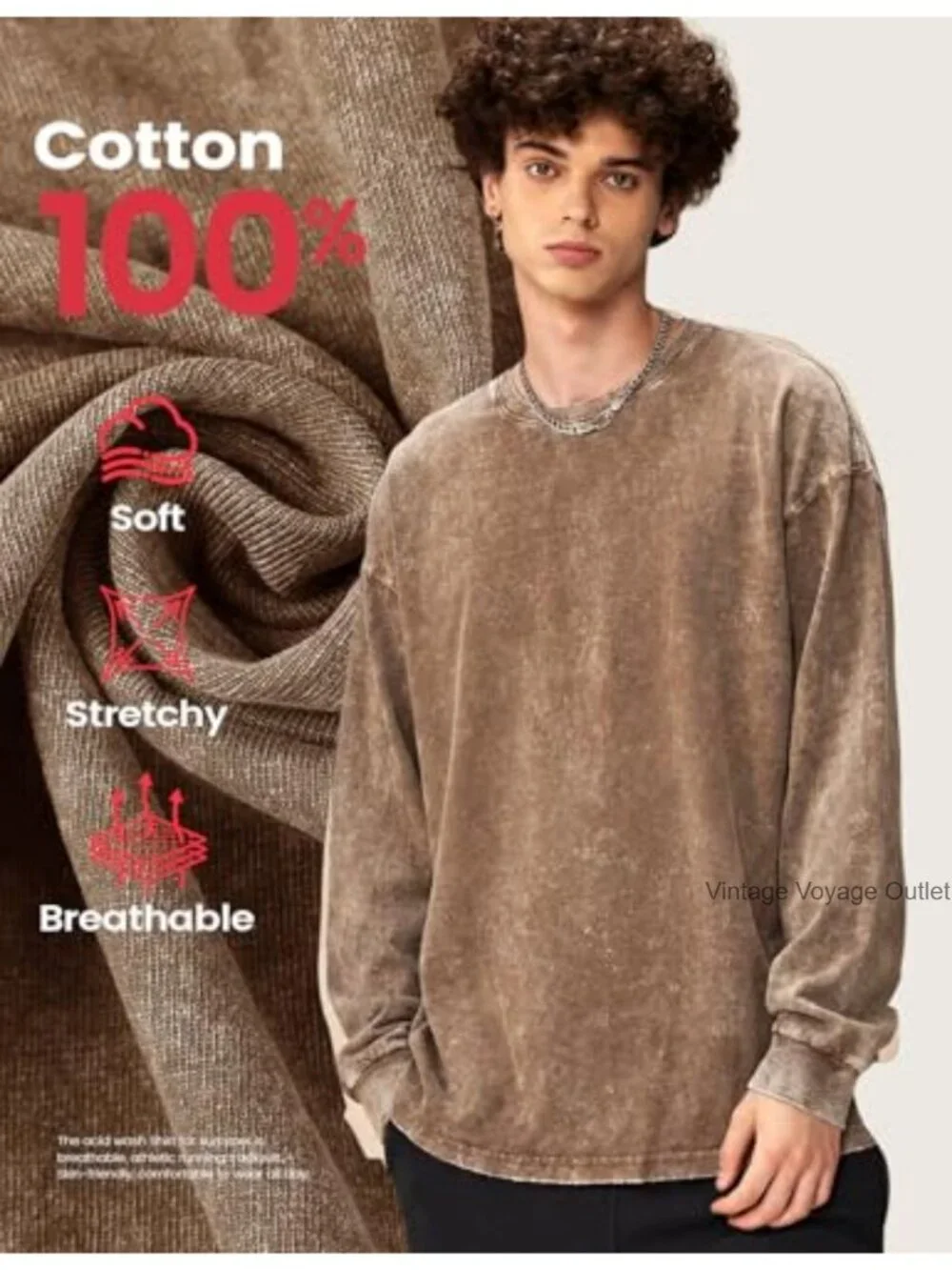 Mens Oversized Acid Wash Long Sleeve Cotton Tee Crewneck Baggy Vintage